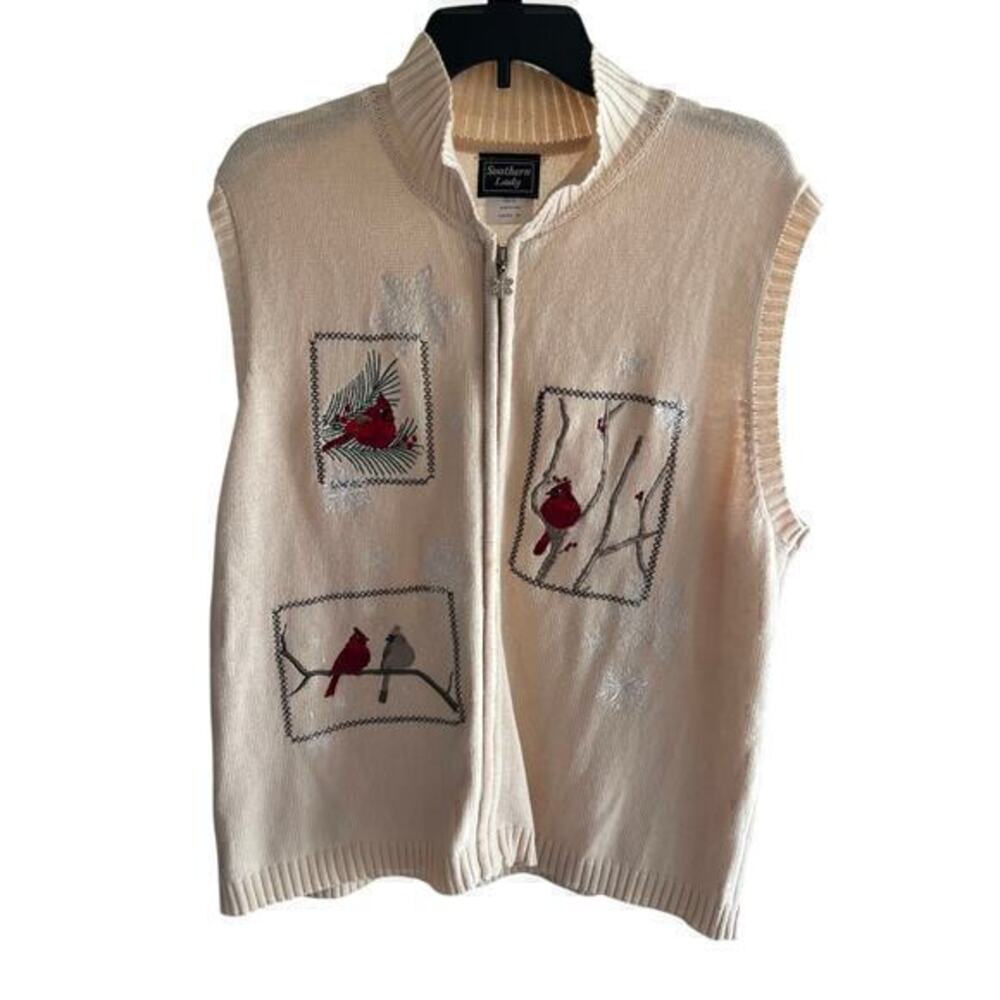 Southern Lady Woman Full Zip Cream Red Cardinal Embroidered Sweater Vest Size XL